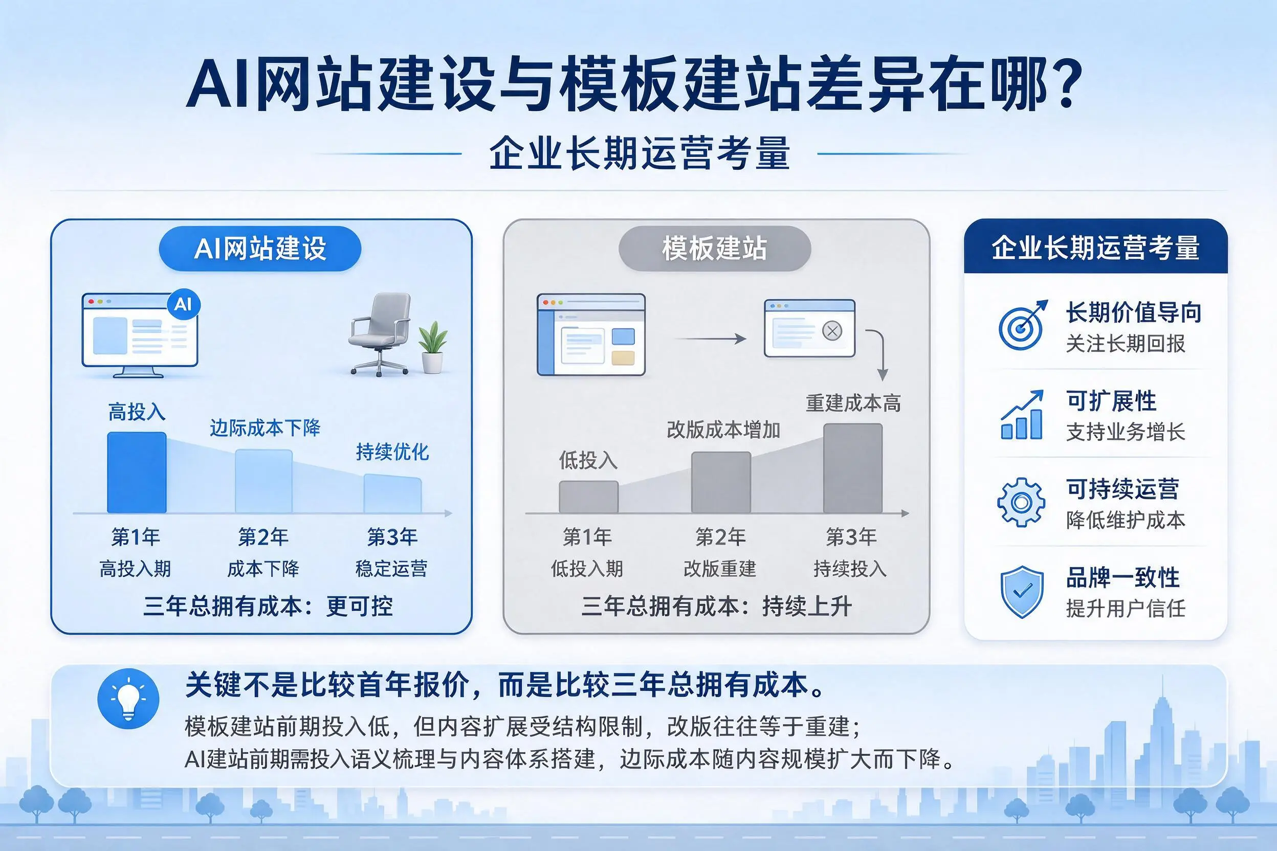 AI网站建设与模板建站差异在哪？阜阳企业长期运营考量